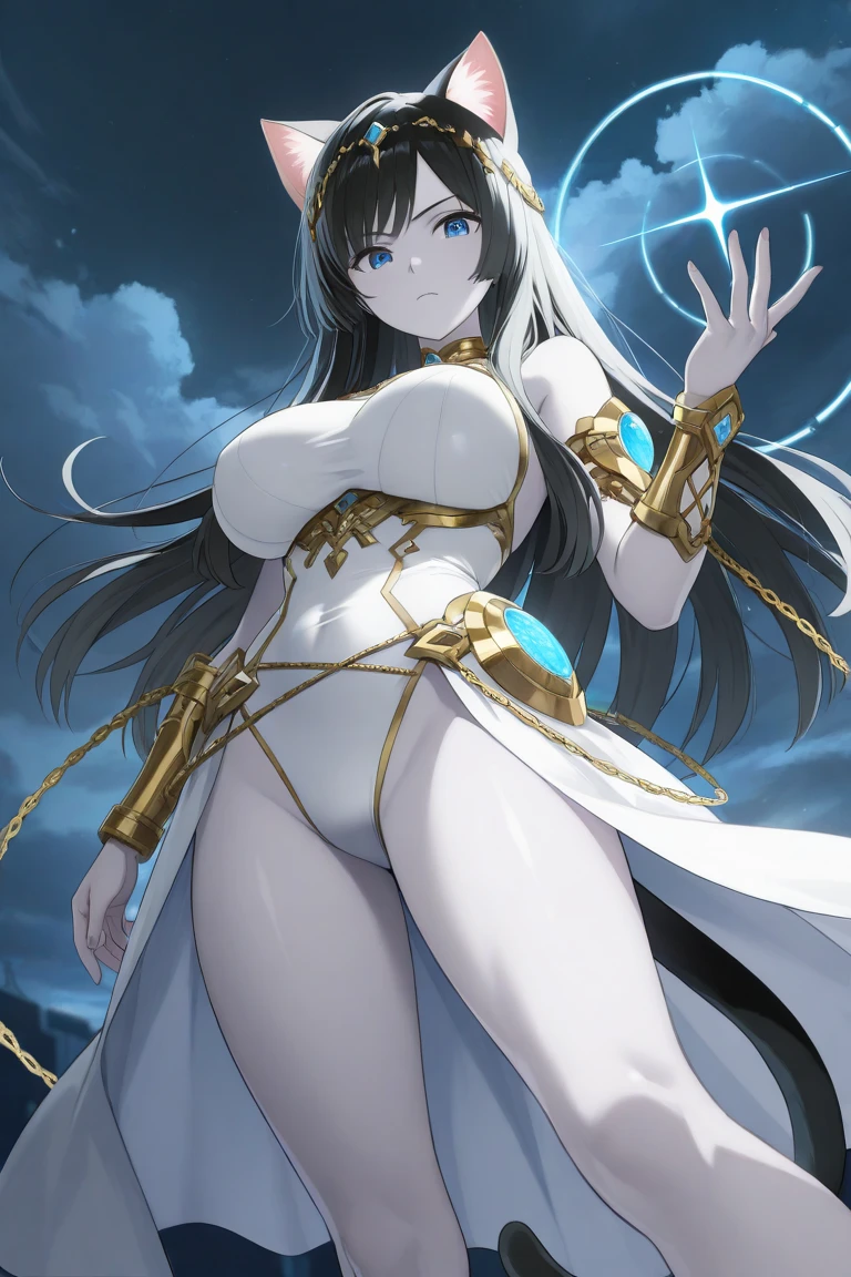 (crystal artifact), (metallic accessory), (erotic priestess), shiny(black hair), (purple eyes), (white bikini)(gold rim), slender, bellybutton, narrow hips, (exposed pussy)(erect clitoris)(spread labia)urethra, transparent skirt, fantasy, mythical altar, (stone sculpture)encrypting, better lighting