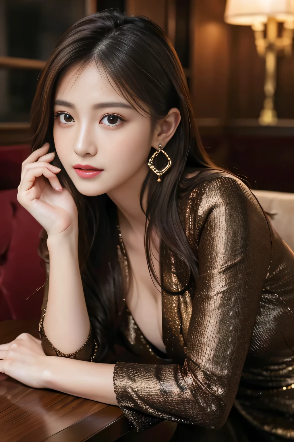 masterpiece, highest quality, Realistic, Very detailed, Finer details, High resolution, 8k wallpaper, One beautiful woman, Wear an elegant black see-through shirt, In a great restaurant, At night, Light brown messy hair、 Perfect dynamic composition, Beautiful and beautiful eyes、Big earrings