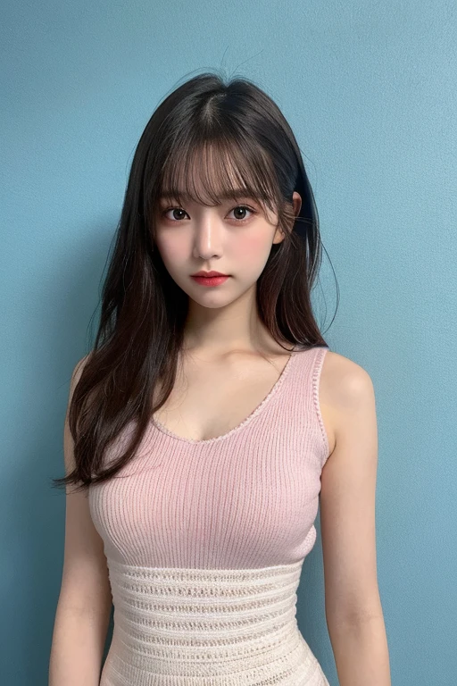 (((forehead、White Blonde Hair、Northern Europe、White people、beautiful girl、Blonde、White background、Tank top、Off-the-shoulder blouse、mini skirt、long hair、Perm)))、table top, highest quality, figure, super detailed, finely, High resolution, 8k wallpaper, Perfect dynamic composition, detailed and beautiful eyes, Deco out,bionde, medium hair, super big breasts, Natural color lip,white background, random cute poses,frill dress