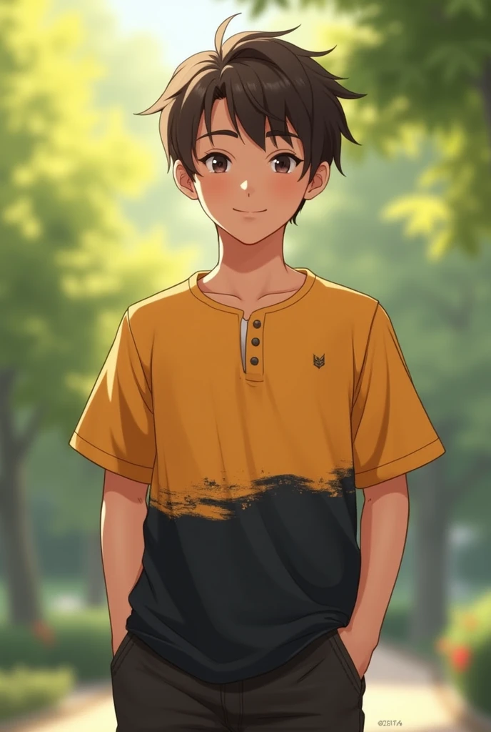 A Japanese male high school student wearing a soccer uniform that has browned under natural light、He pulls down his pants to show off his white briefs.。