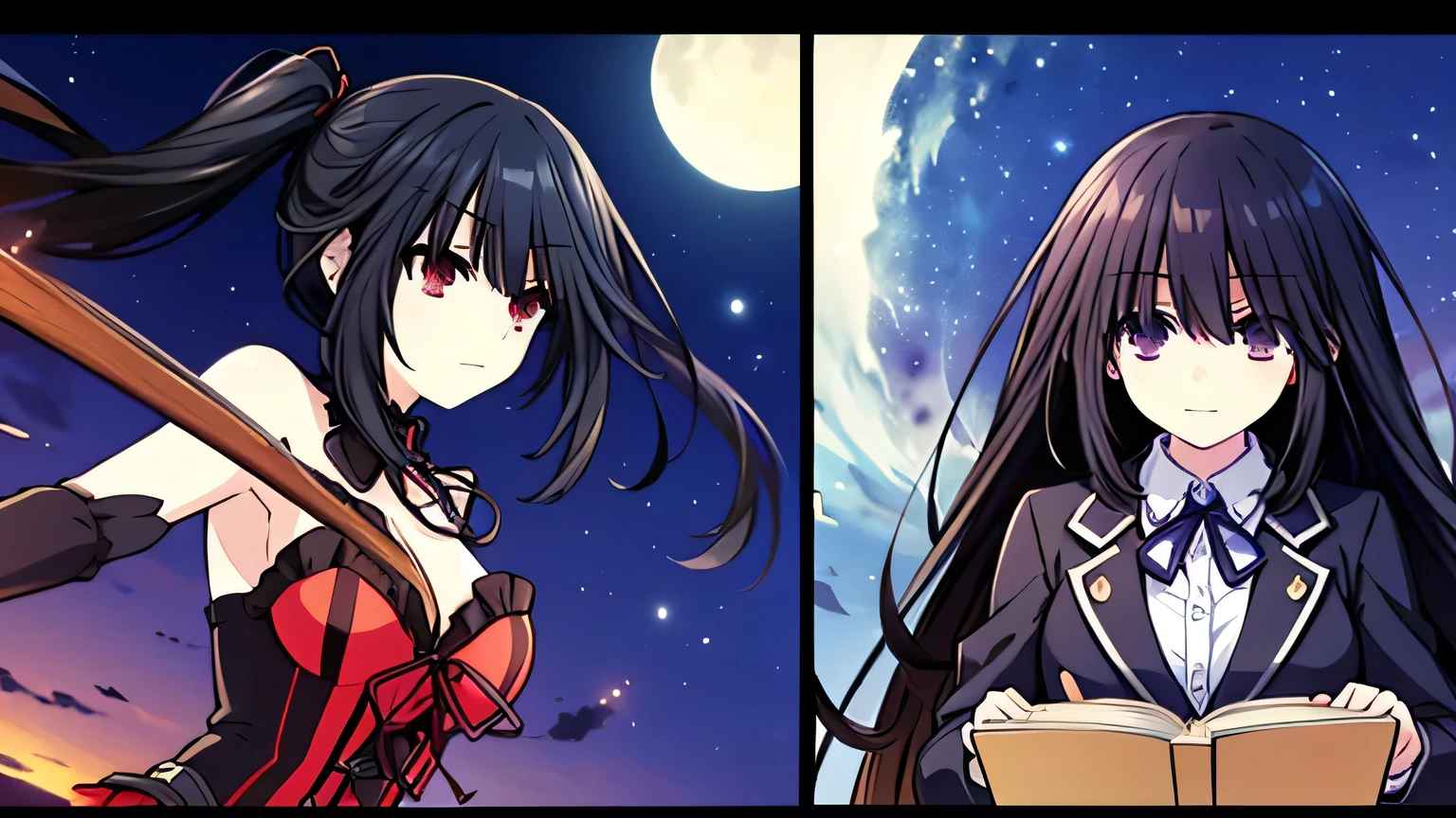 Tokisaki Kurumi: A Dual Identity Art of Life. The screen vertically divided in the center, with her nighttime persona on the left and daytime persona on the right.
A single piece of art shows the completely different lives of people during the day and at night,
At night, she soars through the sky, defeating monsters with ry rifle and short gun. Wearing a red gothic ta outfit.
During the day, a quiet bookworm at school, wearing a black blazer.
projected inset art, polar opposites,