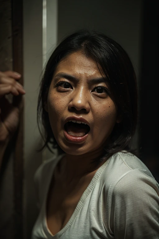 horror art, dread, Best quality, masterpiece, ultra high res, (photorealistic:1.4), disturbing japanese female homeless hidden in the kitchen cupboard,(spooky), (creepy), half face visible on camera, unnerving, unsettling, terrifying, 80mm, horror lighting