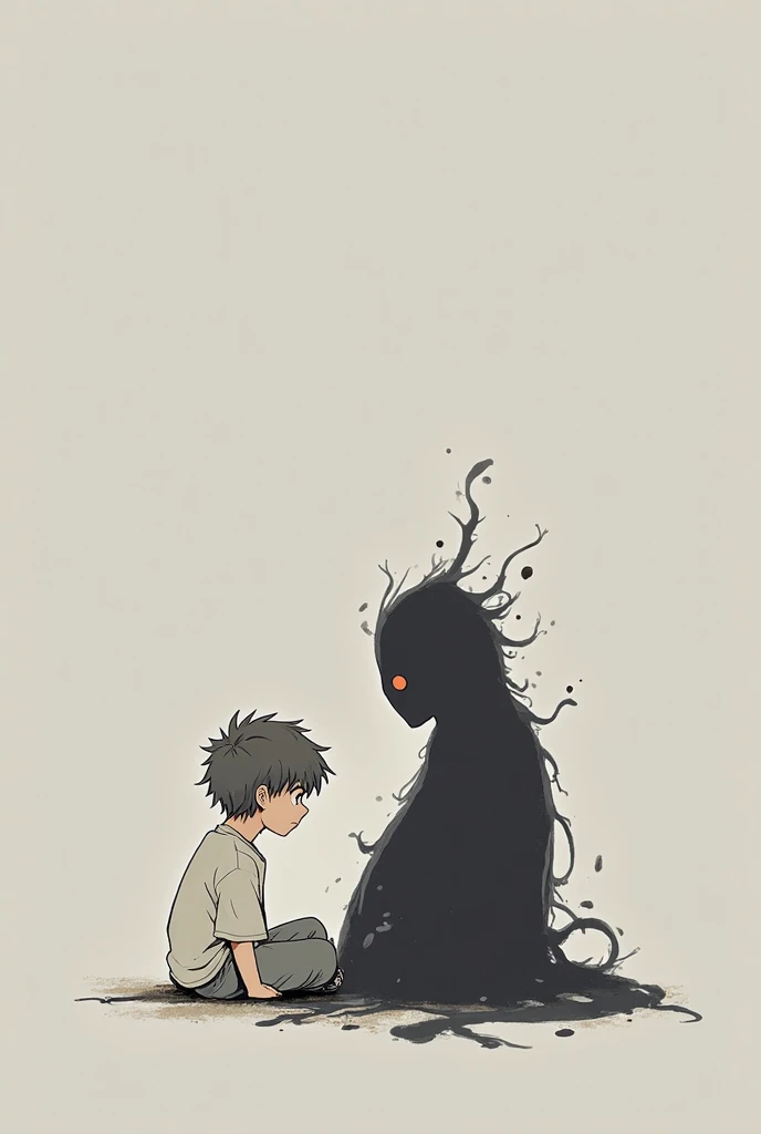 Charcoal anime  drawing of a boy crouching with his face covered surround by dark scary things in the background
