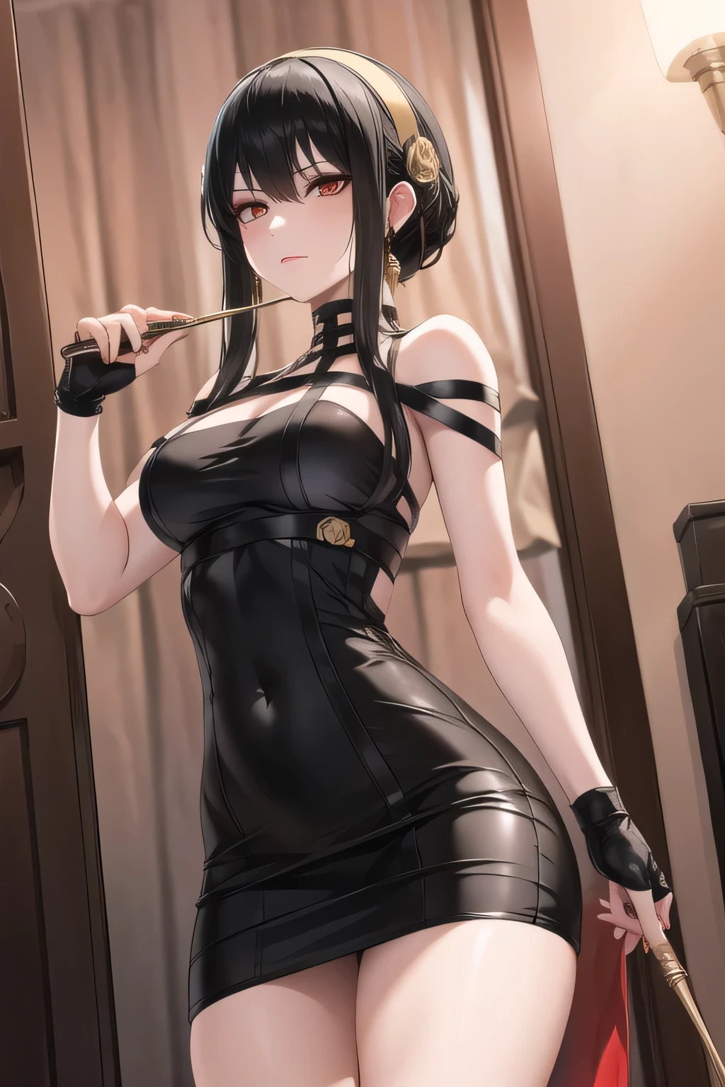 Yellow Hairband，I have long black hair up , can I draw a woman wearing a black sleeveless miniskirt dress, Hitman,assassin ，Has a ruthless expression,I have a weapon with a long needle in both hands,I need a face so much,，