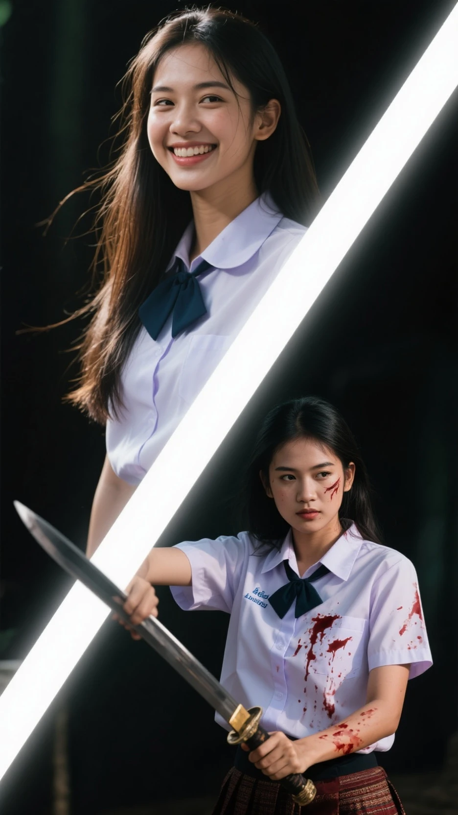 young female. She wear a white shirt and long red tie. The tie is long. Heavy wind. Tie moving. Long black hair