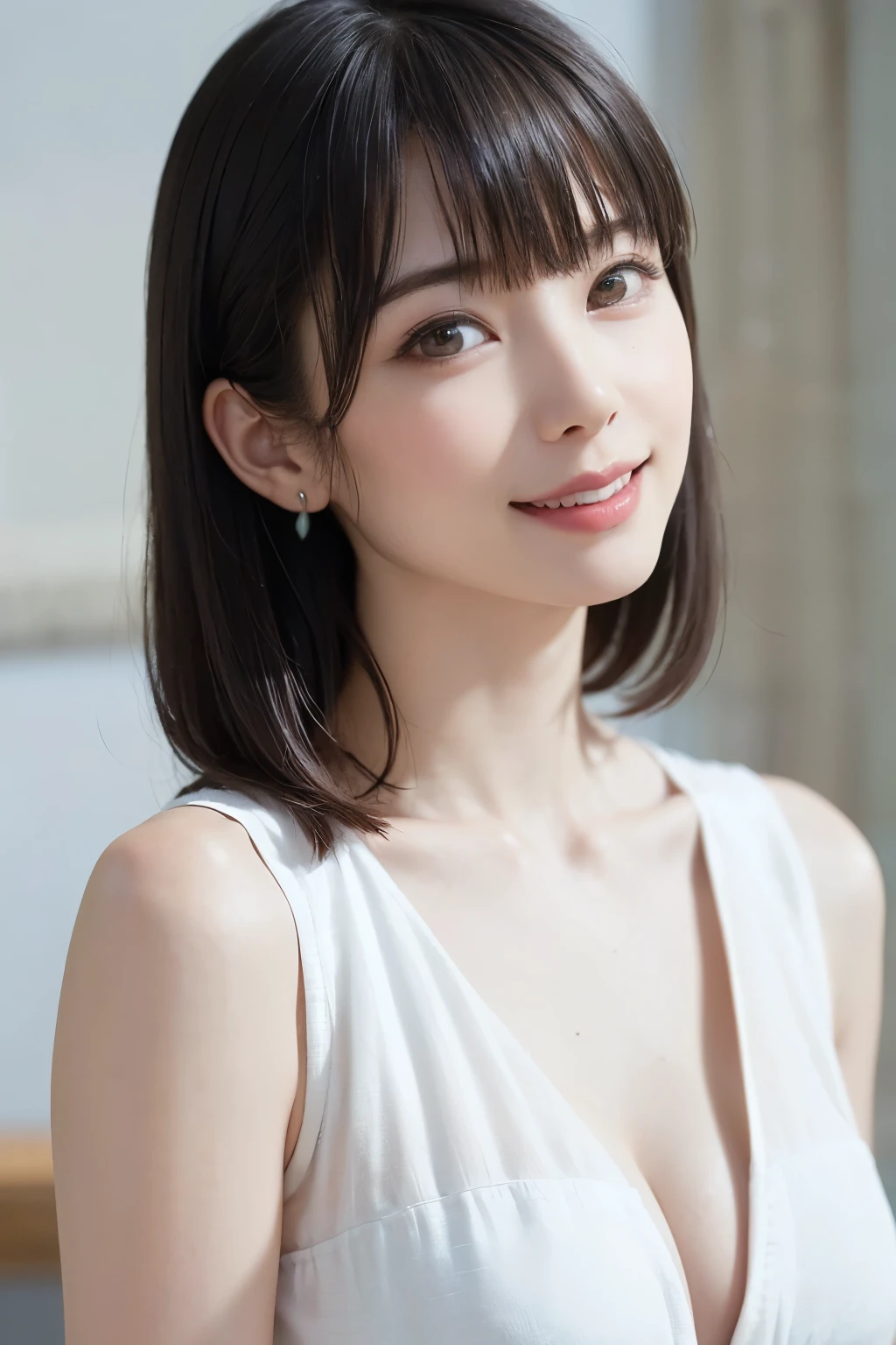 (table top, highest quality、ultra high resolution、face focus focus、focus on the sides、navel focus、decolletage focus、very attractive beauty、Adds intense highlights to the eyes、look closely at the camera:1.4、Absolutely beautiful bangs:1.4、Brunette short bob hair with bangs:1.4),1 girl, Report, black haired, realistic, looking at the viewer, pale black eyes, short hair, lips, lip gloss, Upper body、Big eyes、eyelash)、((italian natural background、hyper real stick:1.4))、((short hair with bangs:1.4、Beautiful bangs with 46 points:1.4、{Huge|big|Hugeな|mega} chest:2, cleavage:2、Big eyes、Give your students very powerful highlights、very bigger chest、look at the audience、very beautiful beauty、show me your ears、beautiful long neck、beautiful decollete、smile、A smilee　beautiful teeth、Open your mouth and smilee))、28 years old、very cute super model、perfect anatomy