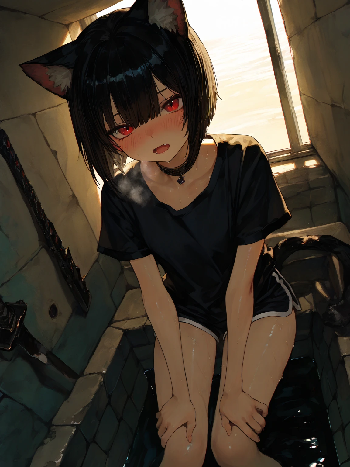 NSFW,(pale illustration,anime illustrations:1.2),(masterpiece, highest quality, so beautiful, Super detailed),textured skin, high details,8k,gleaming skin,pale outline,five fingers,

(blue_archive,kazusa,halo,black short hair:1.2),(multicolored hair, pink inner hair:1.3),( hairclip,cat ears),

1 girl,(black over-knee-high socks:1.5),Mid-chest,soft breast,shorty, Frown,blush,nude,squatting,(spread legs:1.3),(paw pose:1.3),(arms up),black collar,vagina,(red leash pulled outward:1.2),(girl Being pulled by the red leash attached to the collar),vagina,train interior,full body,(from front:1.2)