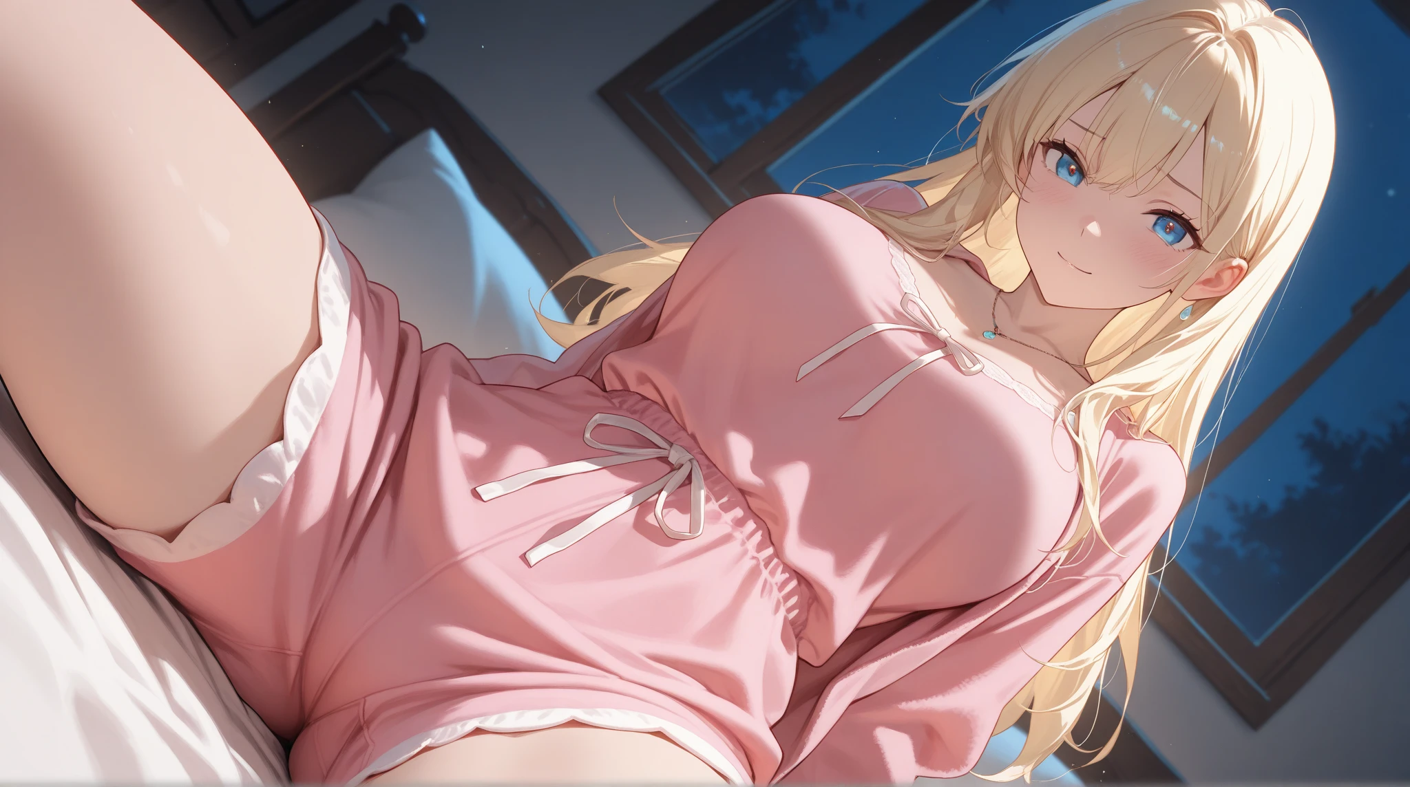 creates a 26 year old anime girl lying face down on a bed with wide hips and big breasts blonde hair and green eyes wearing red underwear in a luxurious room landscape