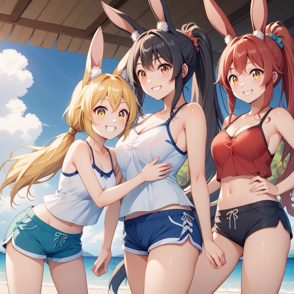 highest quality, masterpiece, blonde, Long Hair, Bunny ears, Detachable collar bow tie, Bunny Leotard, White Stockings, Rabbit's Tail, earphone, Earrings, Hair Ribbon, Wrist cuffs, Looking at the audience, Tilt your head, Contrasting, Cowboy Shot,(On all fours),(Top-down Bottom-up:1.3),(From below:1.3),(From behind:1.3),Ass Focus, Slutty Makeup,Detailed Hair、Flat lighting、Sexy pose、highest quality、Intricate and detailed、Surreal、Very detailed, Detailed Background, girl, Sweat,