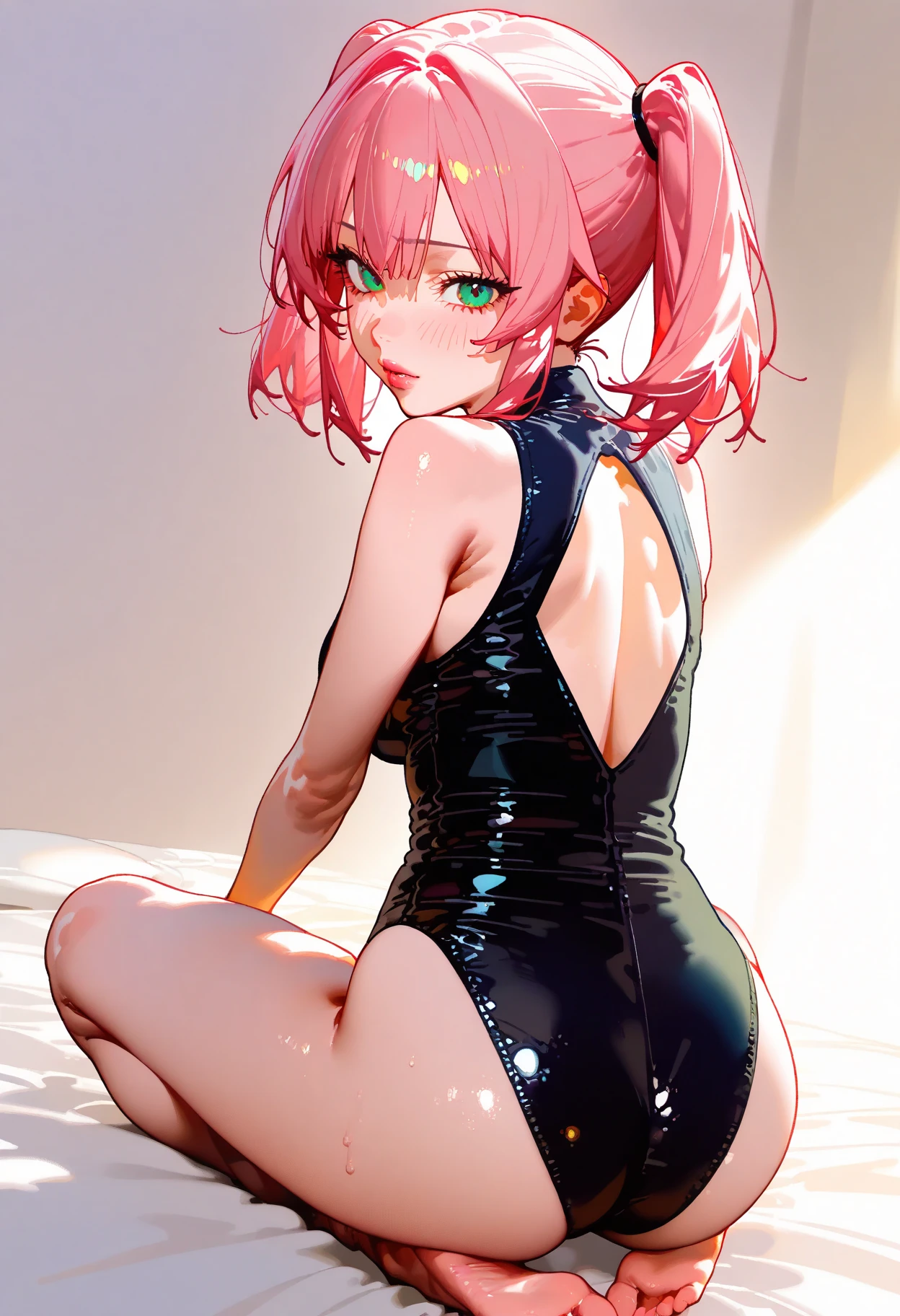 (masterpiece), best quality, expressive eyes, perfect face, full body shot, 1girl, looking at viewer, highleg leotard, black leotard, bare shoulders, huge breasts, navel, navel cutout, slim waist, wide hips, legs apart, thighs, thick thighs, ass visible through thighs, tigh strap, thigh gap, short hair, pink hair, purple eyes, smile, open mouth blush, (Simple background:1.2), mash kyrielight