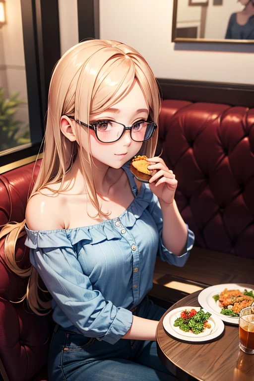 anatomically correct, best quality, masterpiece, high quality, high details, highres, HD, (shaded face:1.2), hollow eyes, dark-blue eyes, looking at viewer, seductive smile, glasses, lips, aihayasakav4, blonde hair, side ponytail, scrunchie, solo, 1girl, long_hair, breasts, indoors, blush, smile, solo, bangs, white_shirt, cup, plate, looking_at_viewer, glasses, table, cleavage, knife, sidelocks, collarbone, shirt, sitting, eyebrows_visible_through_hair, bowl