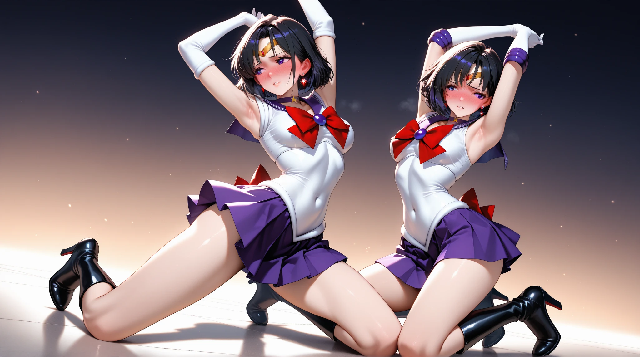 master piece,best quality,ultra detailed,8k, ambient light,realistic skin,glossy skin,cute, (sailor_saturn)、The collar, skirt and ribbon are purple.、((stick out butt:1.3), (back view:1.8))、Glossy lips、Slightly emphasize the lower lip、blush、smile、emphasizing the cleavage、 Fantastic night sky、Saturn、Aurora、horizon、Open-air bath、Japanese Inn Futon