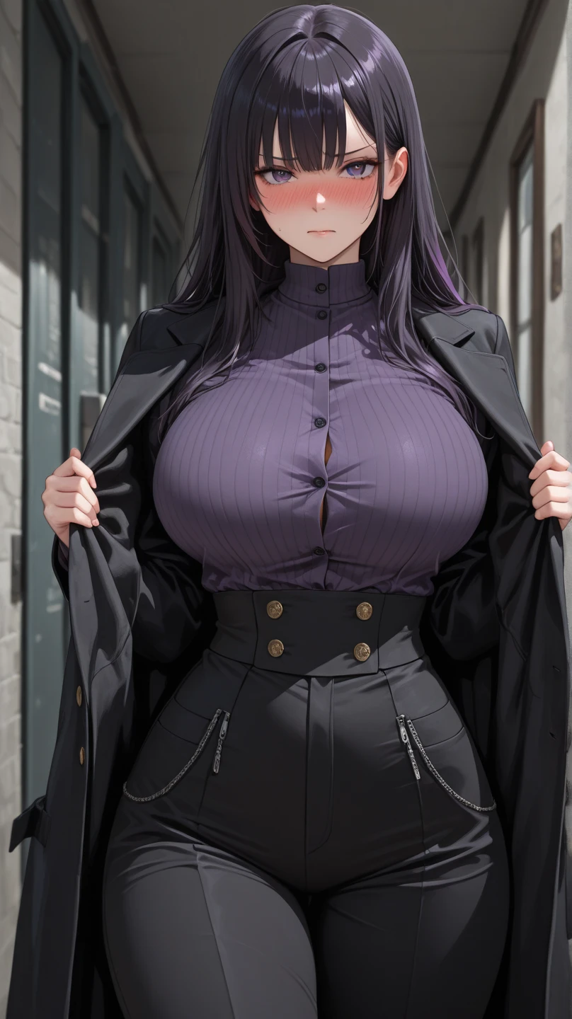 best quality, masterpiece, 1girl, (solo:1.1), raytracing, ultra detailed,detailed face, 8k wallpaper, wide hips, komi_shouko, 1girl, purple hair, purple eyes, large breasts, long hair, open clothes, black robe, white shirt, smile, outdoor, hands on hips
