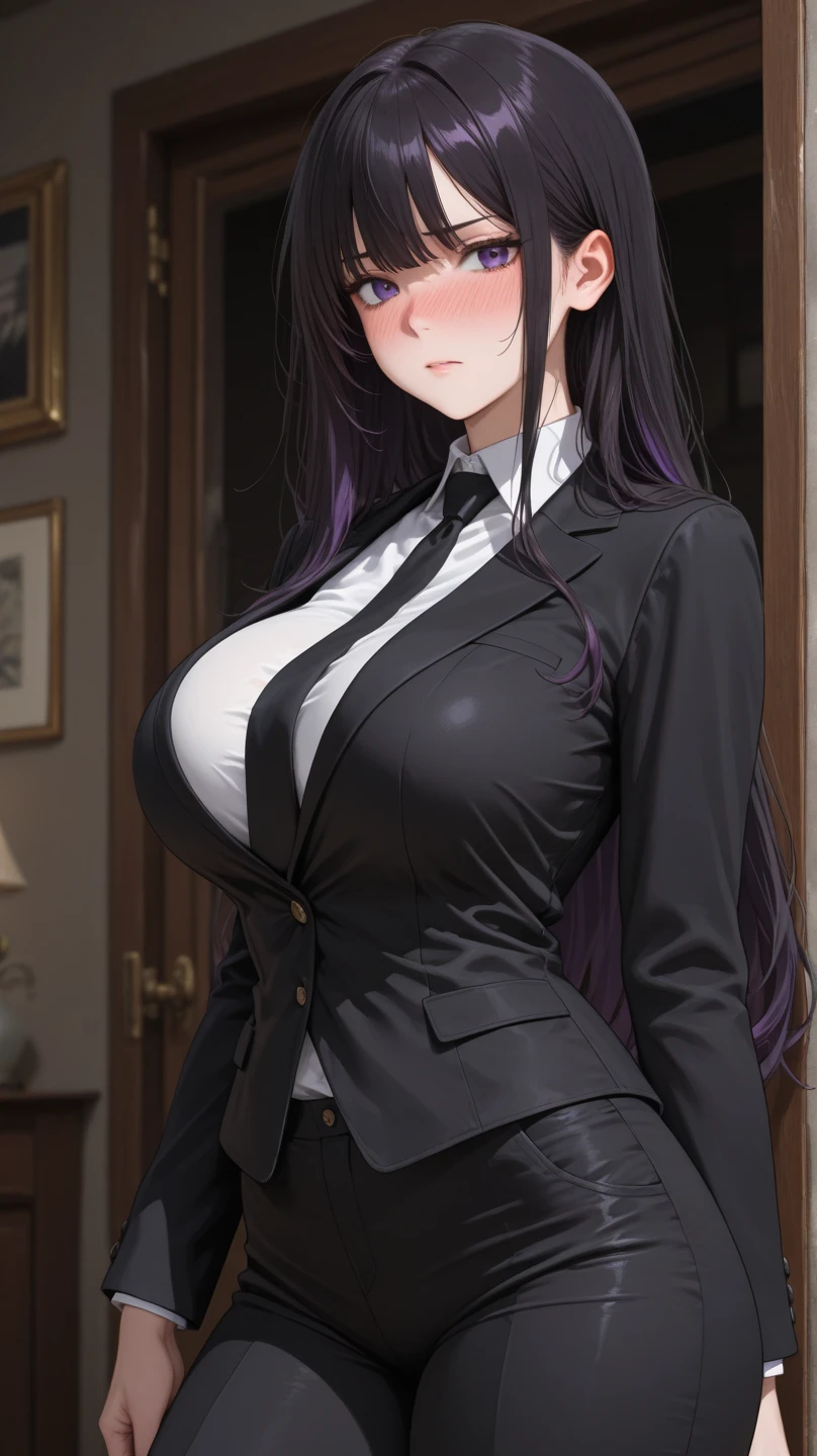 ((Best Quality)), ((masutepiece)), (Detailed), (highlight), Perfect face Young girl with detailed face showing cleavage、Red eyes and long, thick, glossy, beautiful black hair with blunt bangs、Single-color background、standing with arms crossed、Wear student council president blazer and miniskirt school uniform