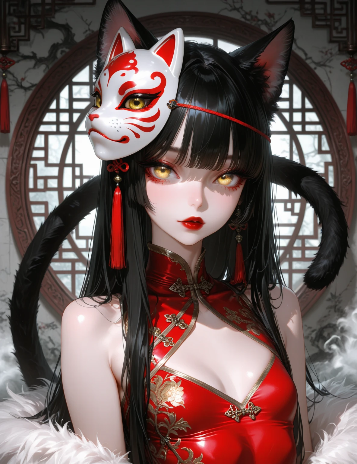 official art, unity 8k wallpaper, ultra detailed, beautiful and aesthetic, beautiful, masterpiece, best quality, dynamic angle, cowboyshot, the most beautiful form of chaos, elegant, a brutalist designed, vivid colours, romanticism, atmospheric, red and black kimono, kitsune mask, cleavage, holding fox mask