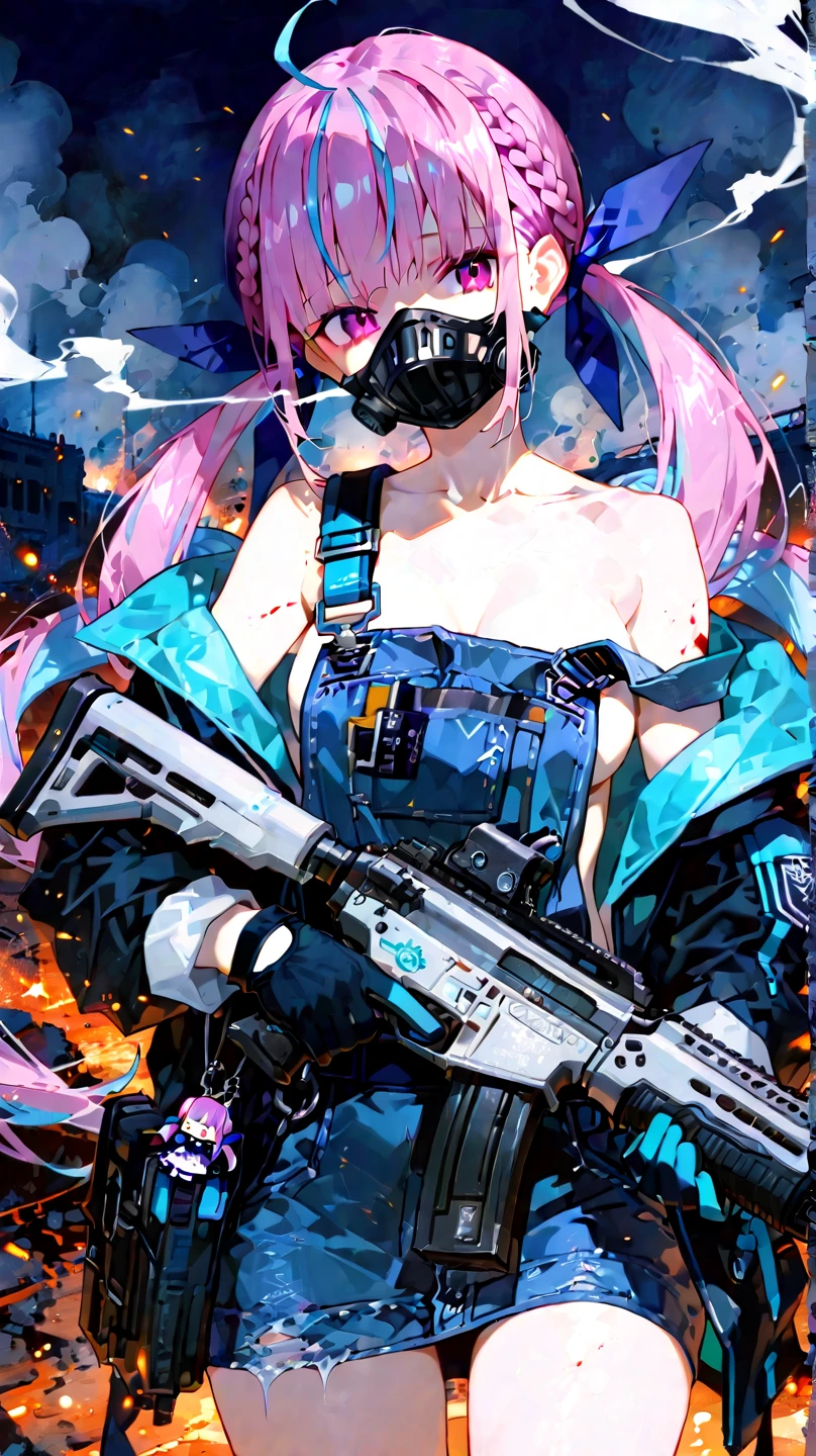1 boy,1 girl with hands on waist and bare shoulders,White purple gradient long braids，goggles,gun,handgun,Heart,Keep,Keep gun,
Keep arms,Jacket,long braided long hair,mask,Colorful hair,Purple Eyes,步gun,Silver Hair,single weave，
Tinted glasses，arms，Neon color scheme，Fluorescence，Vibrant colors