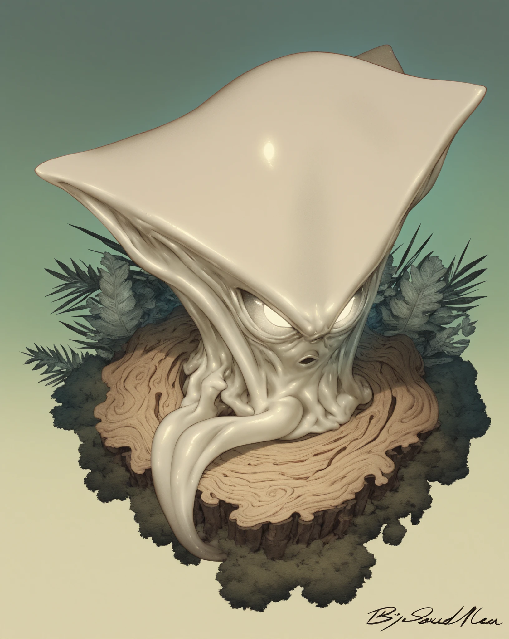 (big squid man:1.3),(murayama\ ryota), masterpiece, best quality, BREAK,animal, animal focus, tree stump, fox, , looking at viewer, (grumpy:0.4), (glowing eyes), (chibi:0.2), fern, still life, from above, no humans, green background, gradient background, dithering, white eyes, line art, ink style, minami \(minami373916\), [eda, edarow::0.4]
