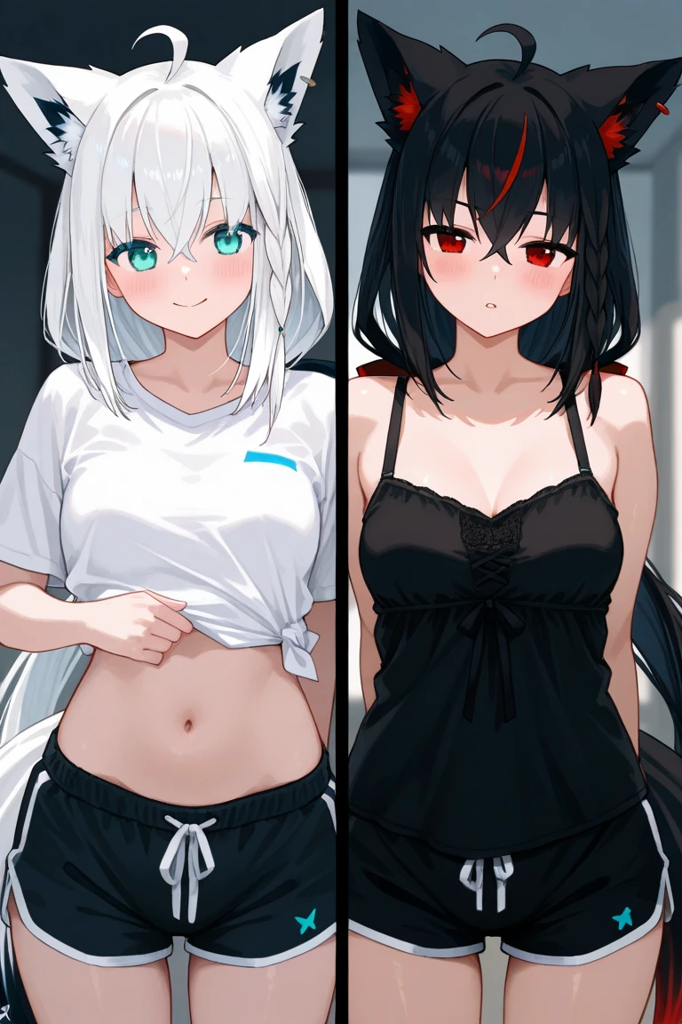 smile、Red cheeks、Official Art, masterpiece, Highest quality,Portrait of two girls、, JK,Tank top(silver, metallic, ) 8K,High resolution, ( flower_Styler:1.2)(headphone:1.2),(Excellent rendering, Stand out in the same class), (Amazing details, Excellent lighting, Wide-angle), Big Breasts(0.6), Absolute area, Detailed Background、Panty shot