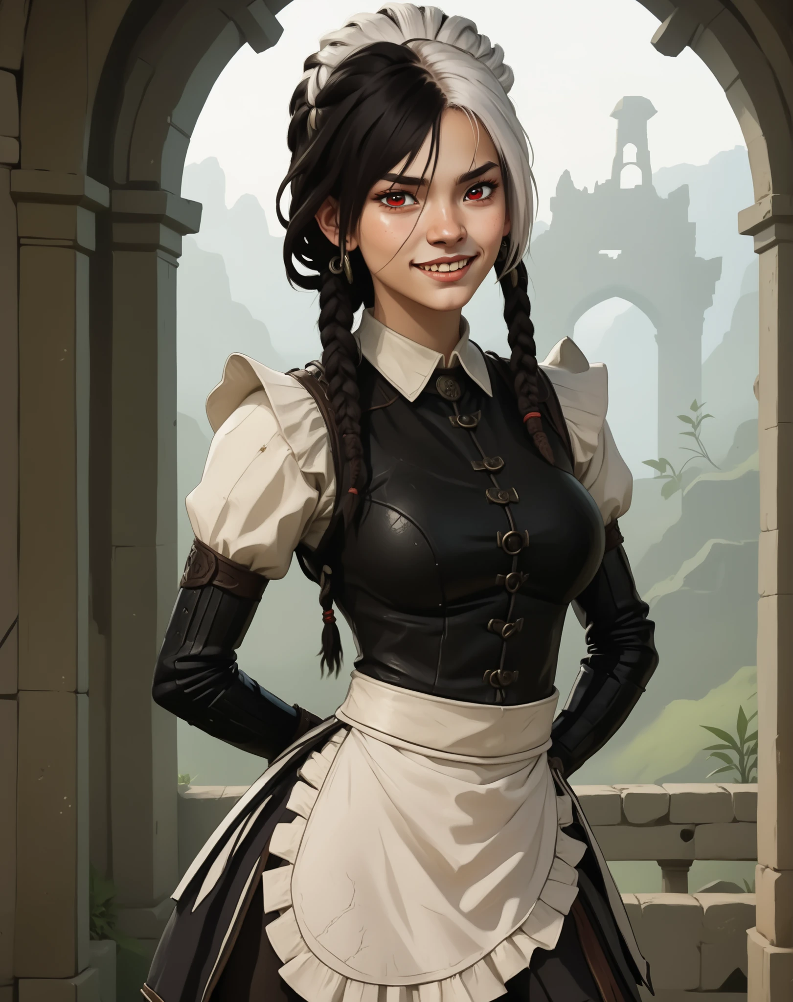 Slender body. White skin. Cute 18-year-old Aztec girl with Asian red eyes and sharp teeth and dreadlocks with white highlights. She has a cute and beautiful face. She has a round and young face with a pointy chin. Her white body is athletic with abs. She wears medieval an intricate medieval leather clothing with buttons. Background: medieval jungle ruins. Realistic lighting. DnD art-style. Looking at the viewer.