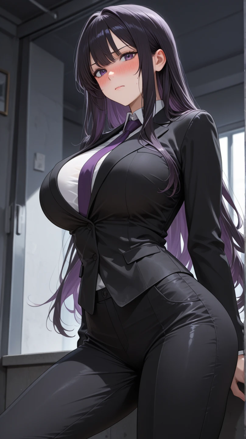 (Famale alone in portrait),solo portrait, (Female1),(dark skin color:1+5.Female1),(dark skin color:1.5),(voluptuous breasts:1.5),(curvy body),(slender slim body),(big ass),(3 young woman with attractive and mature body),(super mature and sexual body),(long purple hair and purple eyes),(Wearing),+,(a black women's blazer tightens wearing white blouse inside With the gates of the black blazer and blouse open showing the piggy bank of her breasts and a straight pencil skirt tightens that highlights her big sexy ass)
