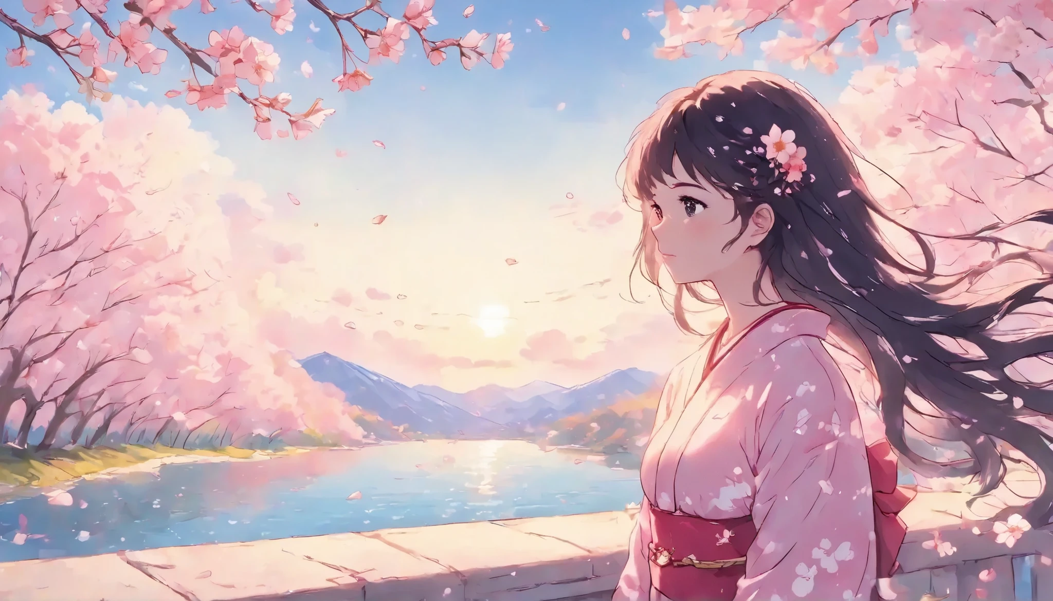 1 girl, dark hair, flowing hair , Seaside,Landscape,Landscape, Cherry Blossoms , Falling Flowers, Sunshine,Divine Light, upper body, Kimono