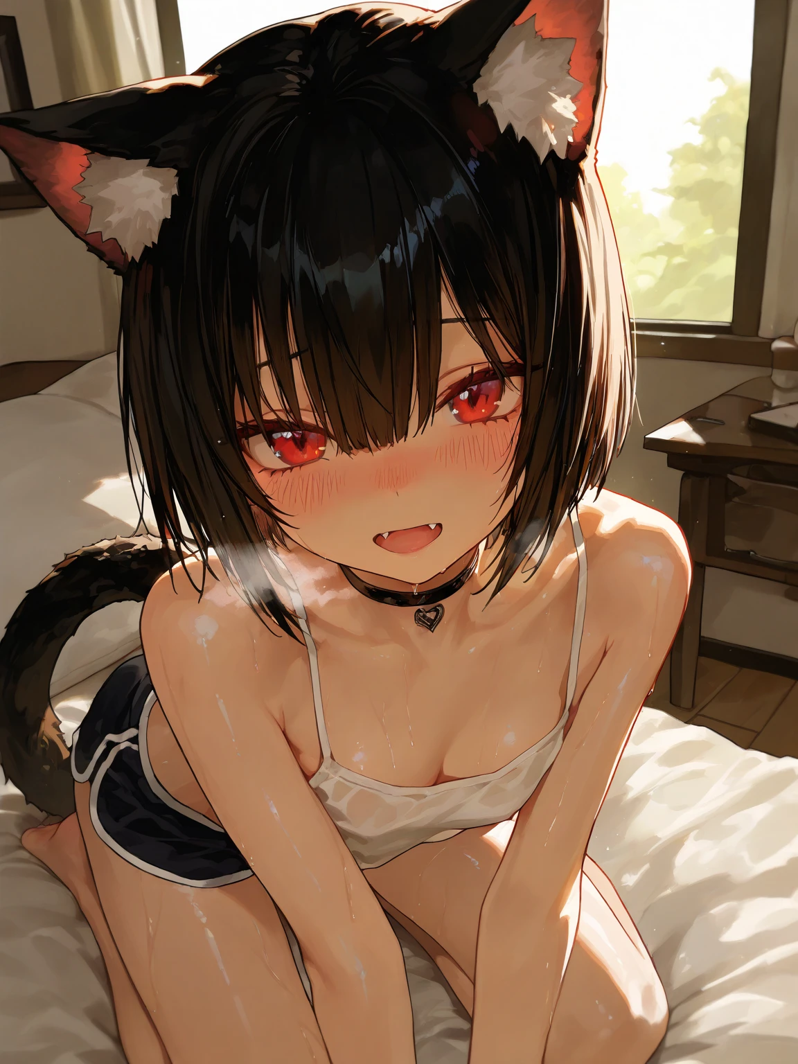 1girl with ((((long)) black hair)), (((dark skin))), ((())), cat ears, orange eyes, fear on face, cat tail, white stockings, zoo, Vallières, on knees looking at cockV