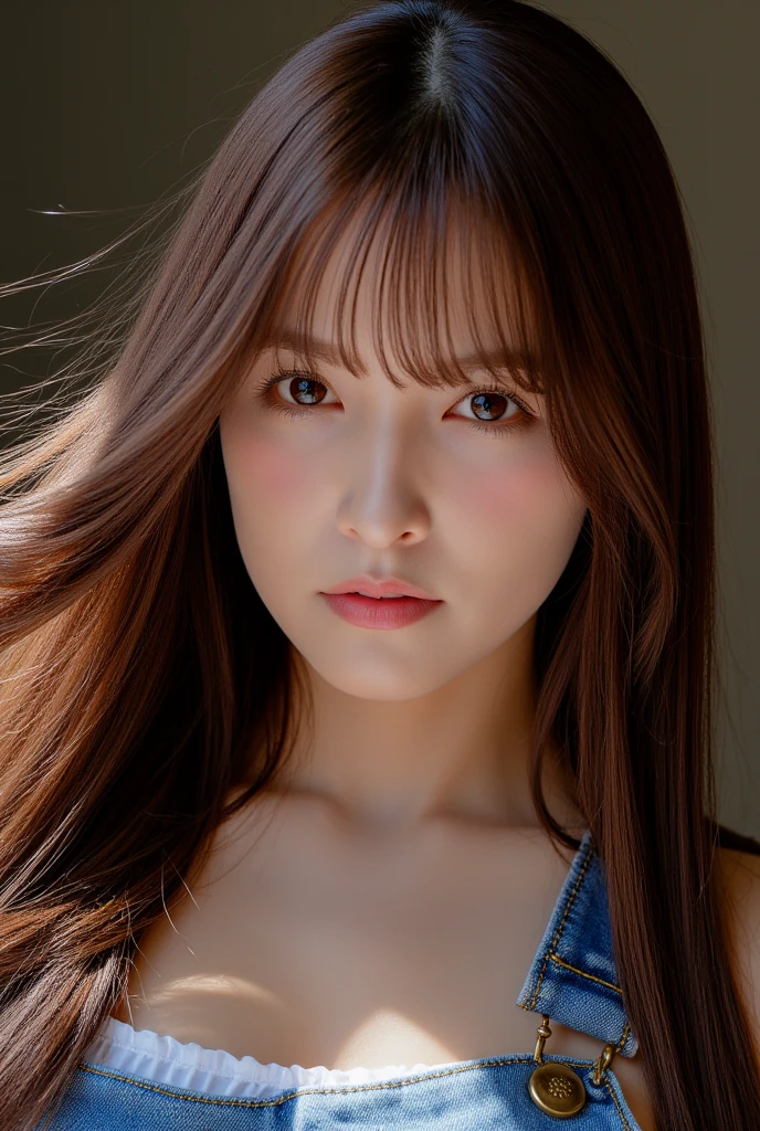 Surrealist female portraits by David Hockney and Alphonse Mucha, fantasy art, photorealism, dynamic lighting, artstation, poster, volumetric lighting, very detailed faces, 4k, award-winning, 1girl, in the dark, deep shadows, understated, denim photos, (formal wear: 1.4), long hair, brunette hair, cute