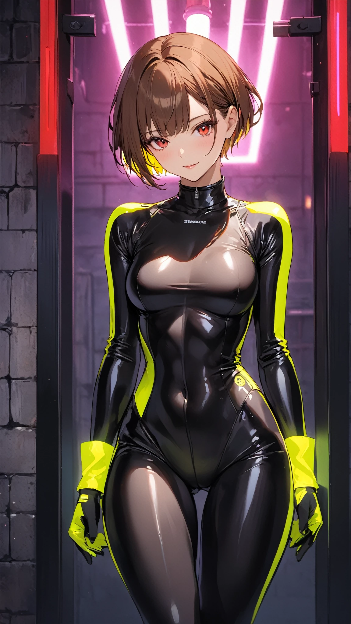 software, (Yellow latex suit on the upper body,The lower body is black latex pants)White sneakers,Ahegao, Open your mouth,smile,Happy expression,Drooling,Dripping Sweat, trembling, Quite a lot of steam,Highest quality,Black Hair,Inner Color,Red lipstick,Pink Eyeshadow,Bob Hair, Blushing,Front facing,boy,Muscular