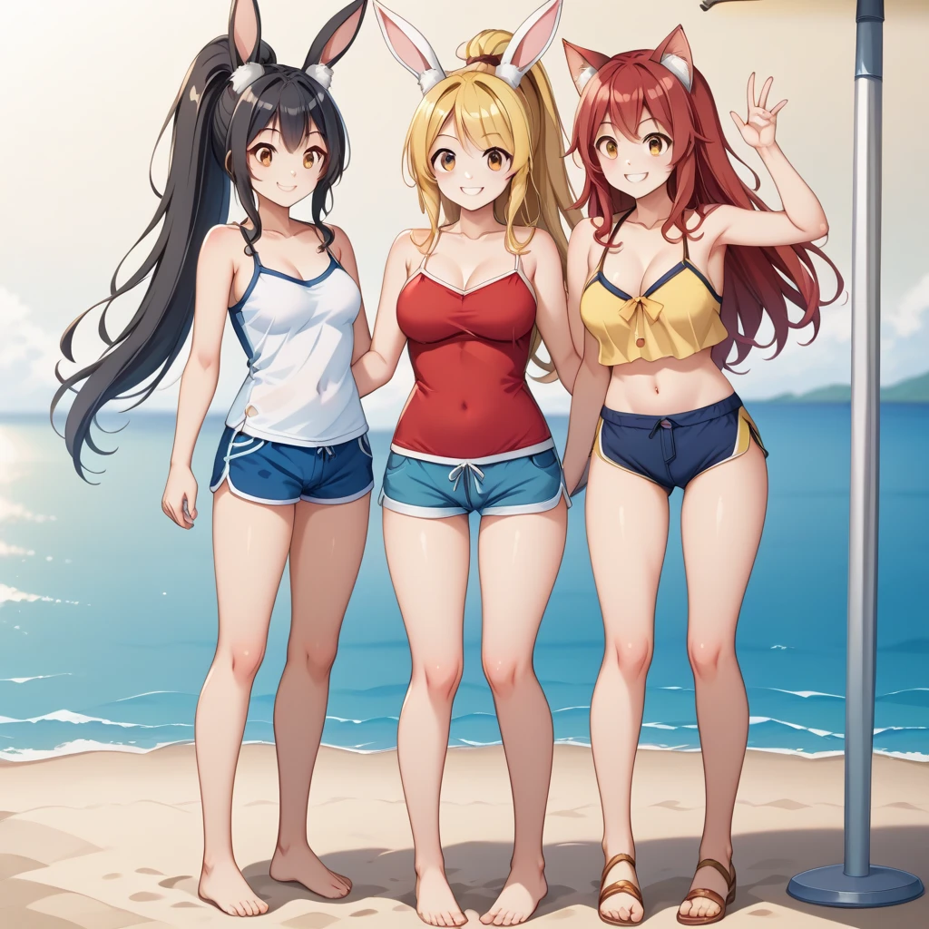 (large breasts:1.5),toddler girl,lchibi,2girls,long blonde hair tied with a string,navy blue swimsuit,beach,standing,laughing