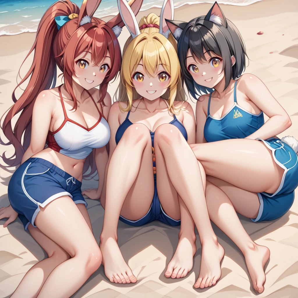 masterpiece high quality, Best Anime , Anime Style 4K, Anime Art Wallpapers 8K, かわいいAnime portrait, Anime portrait, anime art wallpaper 4k Three Women tail,animal_ear, Swimwear,bikini, Erect nipples Small breasts Big Breasts Boobs Fox_ear tail はだけたSwimwear Obscene pose Viewer's perspective Legs apart transformation Expose sexual expression はだけたSwimwear Emphasize the chest Obscene face Climax Sexual violence rape Sunburned skin Brown Skin Blushing Sexy dynamic pose Outdoor
