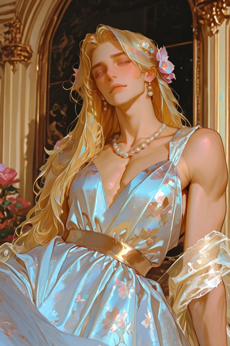 masterpiece, best quality, topless scared sinner with a large nipples under a sheer nightdress, kneeling pose, yellow hair, looking at viewer, adult, holding roses, ancient century