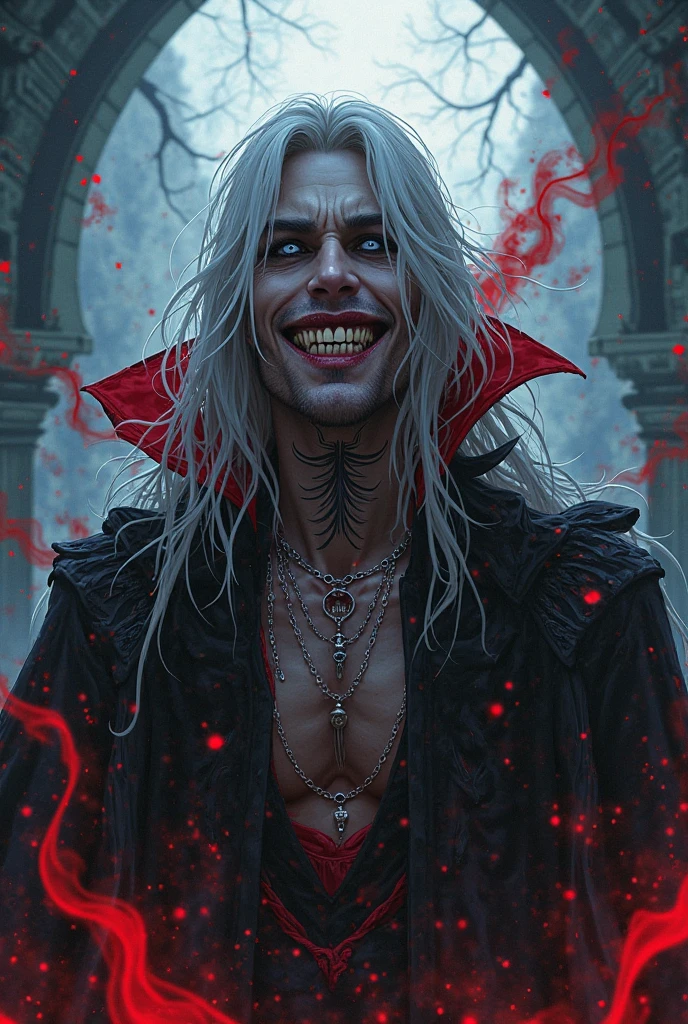 score_9, score_8_up, score_7_up, score_6_up, score_5_up, score_4_up, BREAK  1boy, evil vampire, blood, cuts, fangs, glowing-neon-red-eyes, pale skin, crazy laugh, menacing, scary, action shot, (elegant and mysterious suit, dark cape, collar), open mouth, fantasy, ink splatter background, (dark background:1.1), (concept art:1.1), heavy ink, (sketch:1.1), (limited palette, 4 color palette, watercolor \(medium\):1.1), (cowboy shot:1.3), red side lighting, <lora:Shinkawa_Youji_PonyXL_style_v01:0.9> <lora:lukethighwalkerneonponyv7:0.3>