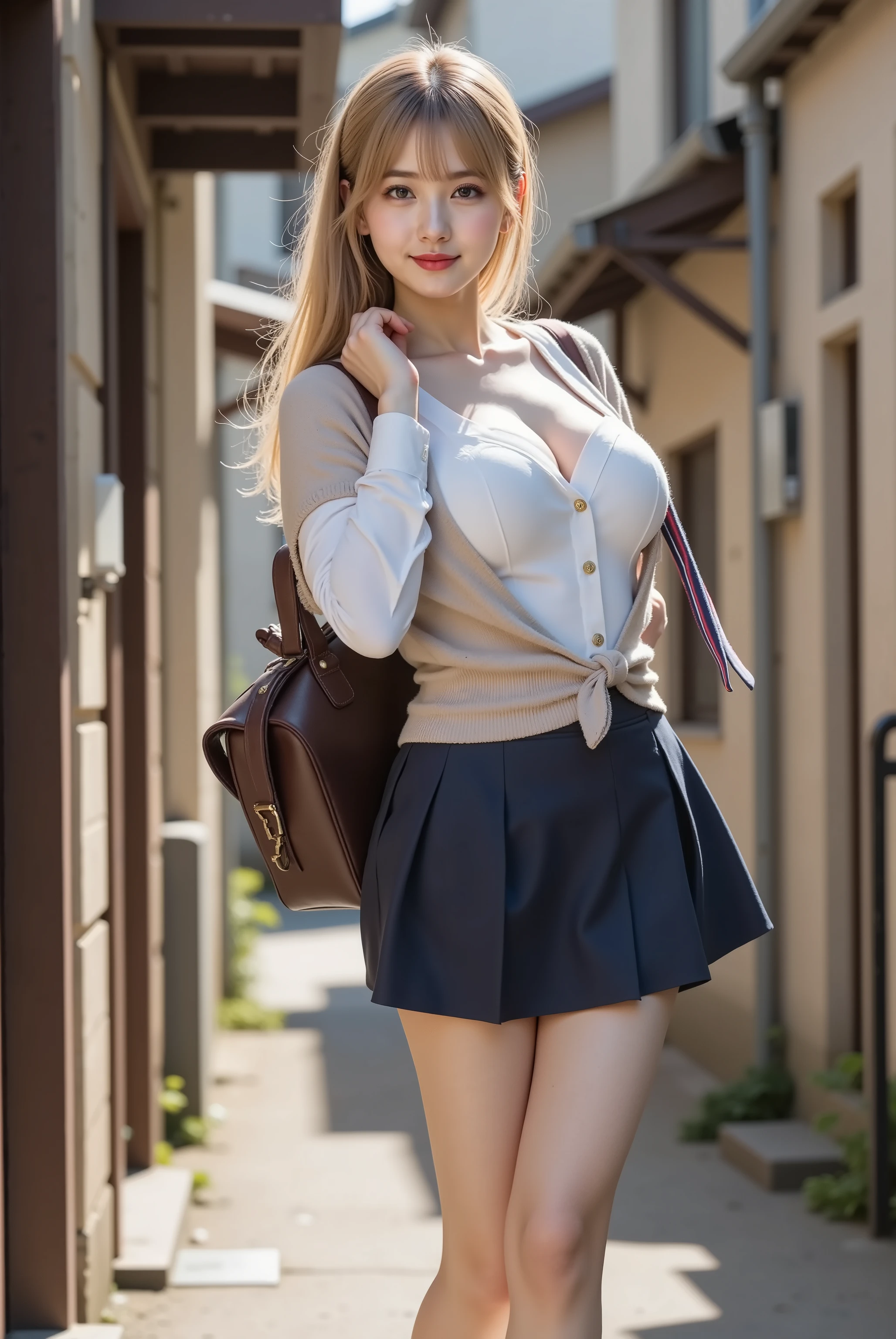 top-quality、masterpiece、超A high resolution、(Photorealsitic:1.4)、Raw foto、1 girl in、a blond、full body Esbian、large full breasts、Ultra exposed cleavage、erotick、?????? look、gargantilha、二重まぶた、Loose and fluffy perm、semi long hair、student clothes、a miniskirt、JK Ribbon、 Skinny clothes、pleatedskirt、JK Skirt