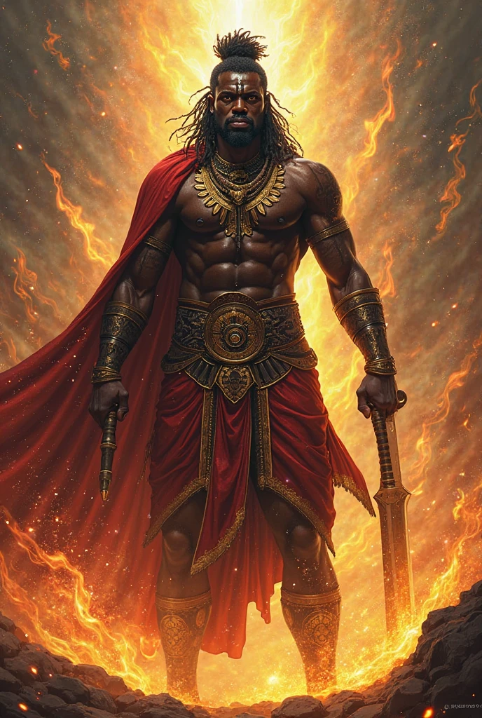 african warrior, brawny, high resolution, 8k, perfect lighting, flames everywhere, mysterious look, lot of details, ax in hand, volcano in background.