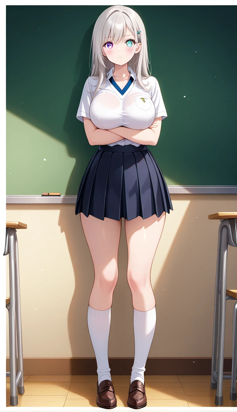 purple eyes, (highest quality, masterpiece painting:1.2), Oboro, mature woman, 26 years old, (full body shot:1.3), , school uniform, (Happy, smile, Caring look:1.5), purple hair, short hair, layered bob hair, (big breasts:1.2), (tight waist:1.1), cleavage, perfect body, (athlete body:1.1), soft skin, anime face, perfect face, (perfect eyes:1.1), purple iris, anime eyes, smoky eyeliner, eye shadow, Asian, looking at the viewer, smart, whiteboard background, classroom, sharp focus, intricate details, professional artwork, (Bright colors:1.1), Bright colors, diffused lighting, digital blending, Super detailed body, ultra detail hair, super detailed face, It's trending on pixiv, top button opened,