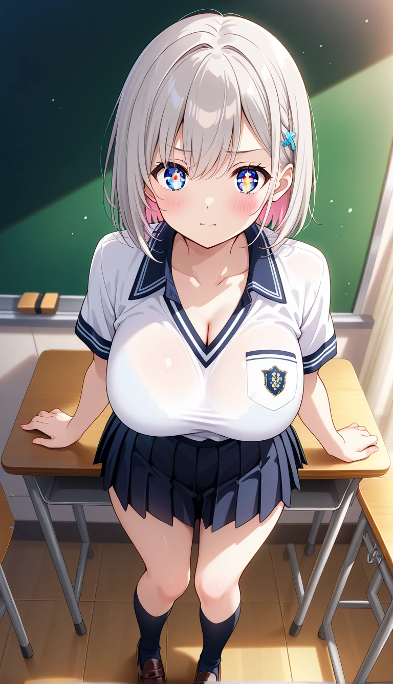 [1girl, uzaki hana, uzaki-chan wa asobitai!], (throw_hand, pink vibrator remote switch in throw_hand, throw:1.2), Highest quality, Super detailed, masterpiece, Ultra-high resolution, 8K, Ridiculous, Cowboy Shooting, Blurred, One girl, Focus on the girl, Embarrassing, blush, Lovely, Close one eye, With tears in her eyes and her mouth open, What saliva leaves behind, Wet skirt hem, (Sticky panties:1.1), Bulging of the vibrator cord, Vibrator with Garters, (cleavage), Classroom Background, The skirt is accidentally exposed,(large breasts), (crop top navel), (waist line), Accidentally exposed panties