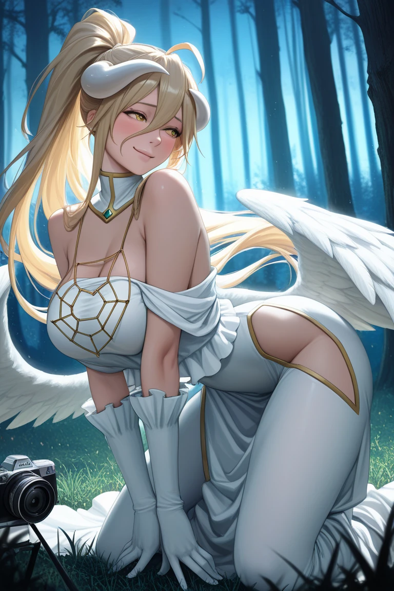 Nina, Breath of Fire 3, At the bed, Blonde, Small breasts, Slender, White Wings, Completely naked, Spread your legs, A large amount of white sperm drips from the vaginal opening, A thick black penis is stuck in the opening of her vagina