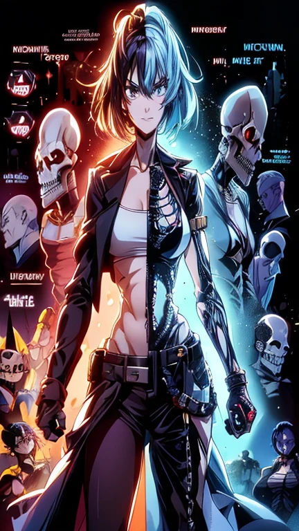 A powerful robot with a skeleton head painted matte black, wearing a futuristic jacket, carrying a super sexy girl on her lap who is smiling at the camera, She's in a futuristic braided bikini, hair with colored highlights, pony-tails, medium breasts and generous cleavage, close up on both, cena sensual, she is enjoying being carried, she's horny, very horny, (nsfw)
