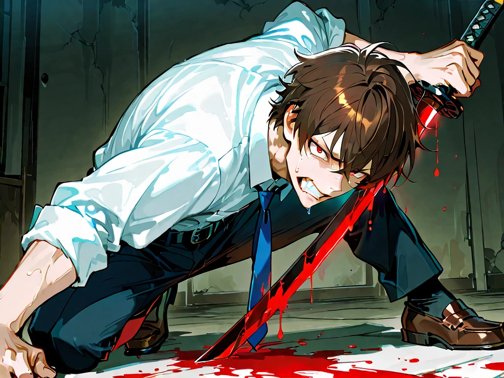 (masterpiece, best quality:1.2), solo, male focus, 1boy, chainsaw man, chainsaw, sharp teeth, open mouth, tongue, white collared shirt, (blood_on_clothes:1.2), black necktie, black pants, dynamic pose, dynamic angle, blood splatter:1.2, sparks fly, (((perfect anatomy)))