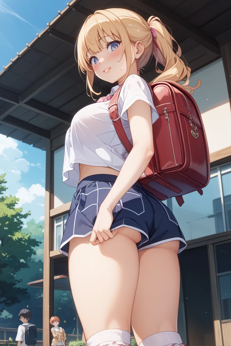 masterpiece, Super Detail, highest quality, beautiful girl, ponytail, , street, Accidental exposure, striped panties, Skirt flip, bag, Dutch Angle