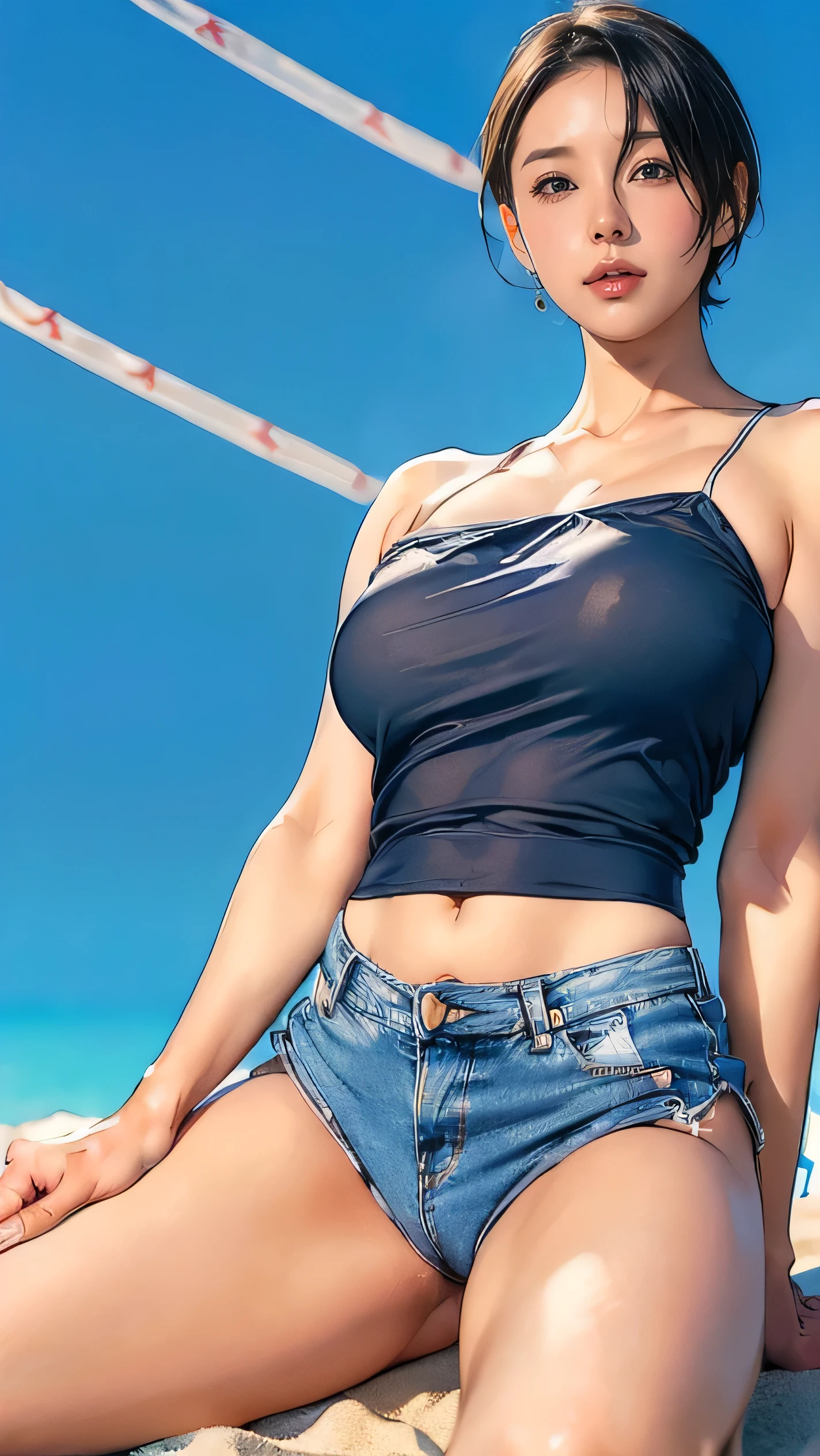 NSFW、(masterpiece、Highest quality:1.2)、1 person、solo、M字Leg spread、Leg spread座り、White string panties、Open legs、Legs open、Leg spread、(Big Tits、Big Breasts、Transparent breasts)、In town、congestion、belly button、Thigh、(Big Tits、Big Breasts、Transparent breasts)、(Erect nipples、black tank top shirt、black bra top、Low rise、belly button、Navy blue denim short skirt、Micro Mini Skirt、White string panties、Gold Necklace)、(Big Tits、Big Breasts)、(tall、Toned body、slim body、Brown Skin、Sunburn、Big Breasts)、(Slanted Eyes、Dark Eyes)、(Sexy look、Erotic look、Estrus、Lust)、((black hair medium straight、Black hair medium bob))、In town、Female teacher, 23 years old、Rumiko Honjo、((masterpiece))、((Highest quality))、((detailed)、((Adult female))、photograph、美しくdetailedな顔、detailedな目、独奏、