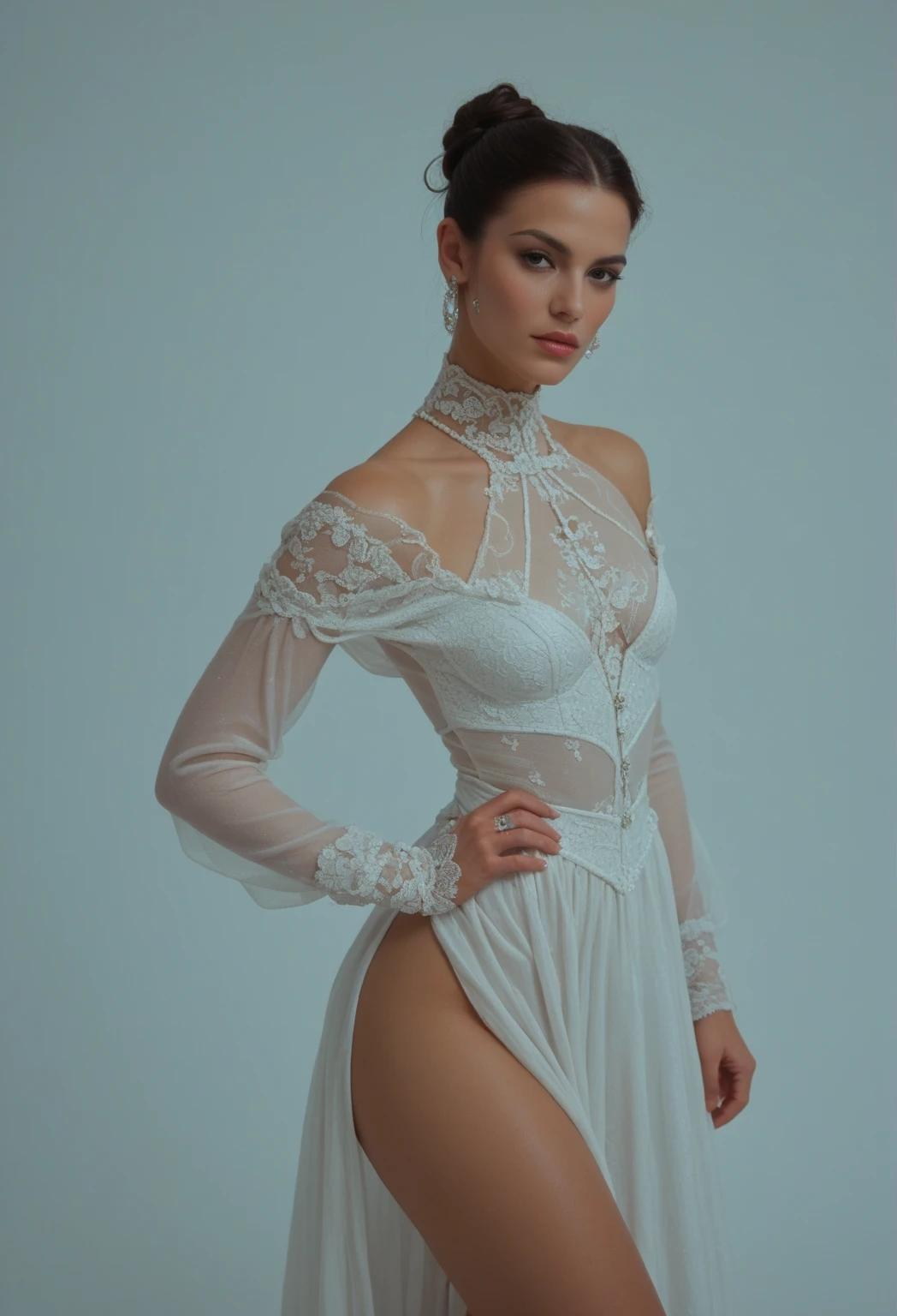 Rachel Pizzolato, age 25, (alien sheer gown, 50s styling, odd makeup) as an alien princess, space ship behind her (landing gear down) seductive approach to viewer, suburb at night