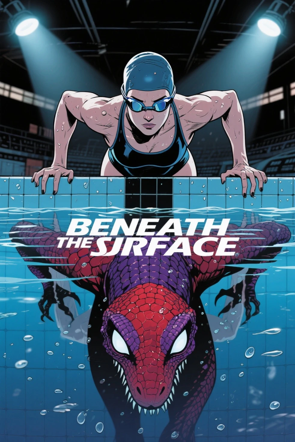 Cinematic movie poster, dramatic and detailed. A young professional swimmer is in position at the edge of a competition pool, her body low, arms bent, ready to dive in — her concentration is intense, eyes focused forward. She wears a tight, sleek competition swimsuit and a swim cap, goggles on her forehead, muscles tense in anticipation.
The lighting is intense and moody, with spotlights illuminating her from above in a high-stakes arena setting. Beneath her, the still surface of the pool reflects something terrifying — her same posture, but transformed: a red and violet-scaled reptilian creature with glowing white eyes, sharp facial features, and a chilling expression.
The reflection contrasts sharply with her human form, clearly showing a hidden dual identity. Water droplets and condensation enhance the atmosphere. The title: "BENEATH THE SURFACE" in bold, stylized text, hovers just above the waterline. Vibes of mystery, transformation, and suspense. Poster style: high contrast, sharp detail, cinematic lighting, surreal undertones. (Illustration style))(Comic Style))