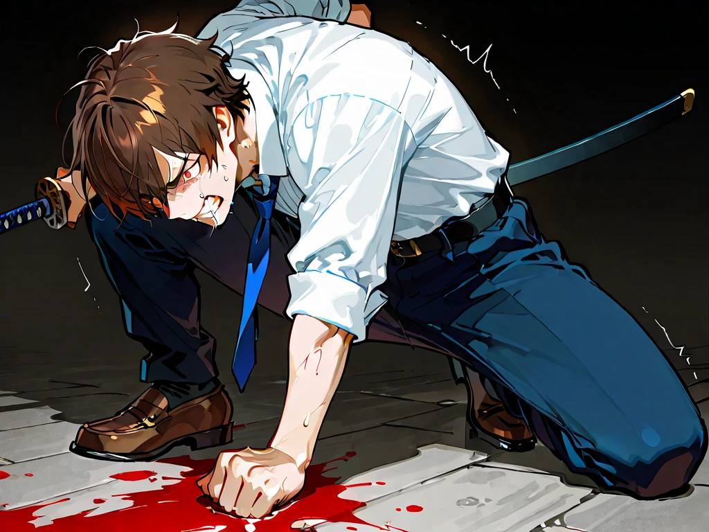 score_9, score_8_wonderful, score_7_wonderful, sauce_anime,Ace of Diamonds,Sawamura,Male Focus,1 male,No pants,Red tie,Auction,Long sleeve white shirt,On all fours,Place your hands on the floor,penis,Leash color,View your viewers,Squat,humiliation,Obedience,slave