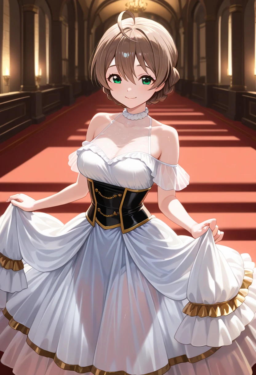 ((masterpiece, Highest quality, High resolution, 超High resolution, Pixel perfect, Written boundary depth, 4K, RTTX 10.0, High resolution))), 1 person, single, alone, Beautiful Anime, Beautiful art style, Anime characters, ((Shortcuts, bangs, Dark brown hair)), ((Green Eyes:1.4, Round eyes, Beautiful eyelashes, current eyes)), ((Smooth texture:0.75, Anime CG style)), ((Dynamic Angle, close)), Perfect body, (cute), Normal chest, whole body, ((4K, 8k, Highest quality, Perfect Fingers: 1.3, Perfect Anatomy: 1.3, Background Blur)), whole bodyアングル, Royal girl illustration, The characters are dressed in gorgeous and delicate dresses.、In her hair she wears a crown or a jeweled tiara., The dress has a noble design based on gold and white.、Intricate embroidery and jewels studded, She has a sweet smile、Striking an elegant pose, In the background is a magnificent room in a royal palace.、The overall scene exudes elegance and grace.