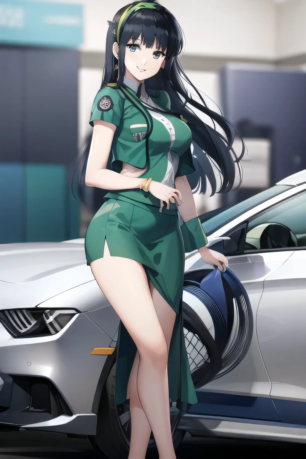 Please describe the hands and legs accurately,wearing miniskirt police uniform，Yellow Hairband，a woman with long dark hair,I definitely need a face，,，   Green Vest  ,green skirt，Student uniform，,Can you draw a 30-year-old woman with a nice smile,EXact hand and foot representation， 
