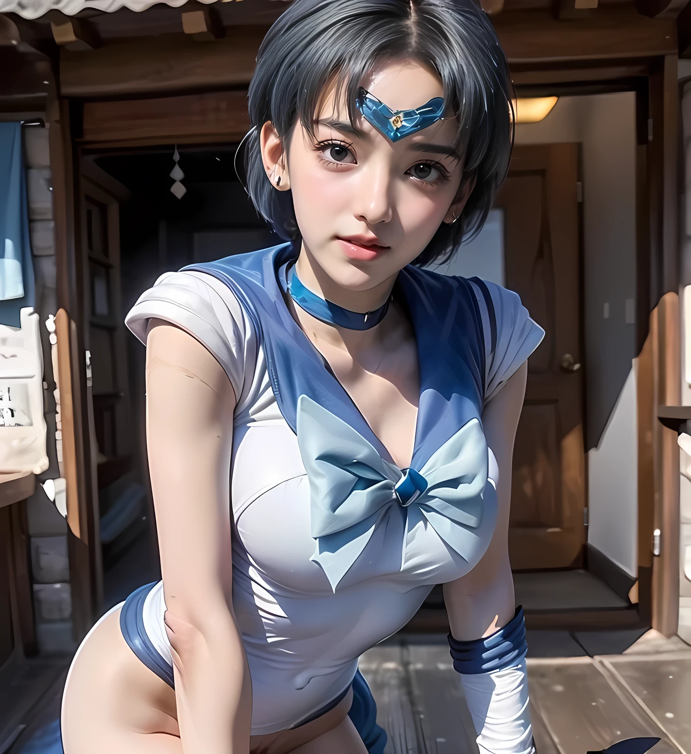 Put your arms behind your back, ((腕をTied up, inhibition, (((rope))), Tied up)), Sleepy face, Highest quality，masterpiece，Ultra-high resolution, Very detailed, 8K，(Beautiful woman)，One person，40 years old, ((Sailor Mercury)), ((Blue sailor collar, Very tight and shiny uniform, length white latex gloves,Beautiful female hand in white latex gloves,Shiny Blue Latex Knee High Boots, Stiletto heels,Blue choker、Blue gloves on elbows, shiny blue skirt, Gold tiara on forehead,Earrings,Fine Gold Jewelry)), (Facial details, Bright Blue Eyes, Beautiful Face, Beautiful Eyes, Shining Eyes, thin lips, thin, sharp, thin眉毛, length, Black eyelashes, length and thick lower eyelashes, double eyelid, Fluffy blue hair), skinny, Large Breasts, Perfect proportions, Tight waist, Pores are visible, Beautiful, shiny dark blue hair, Perfect hands, Close fitting high gloss holographic leather,Octane Rendering