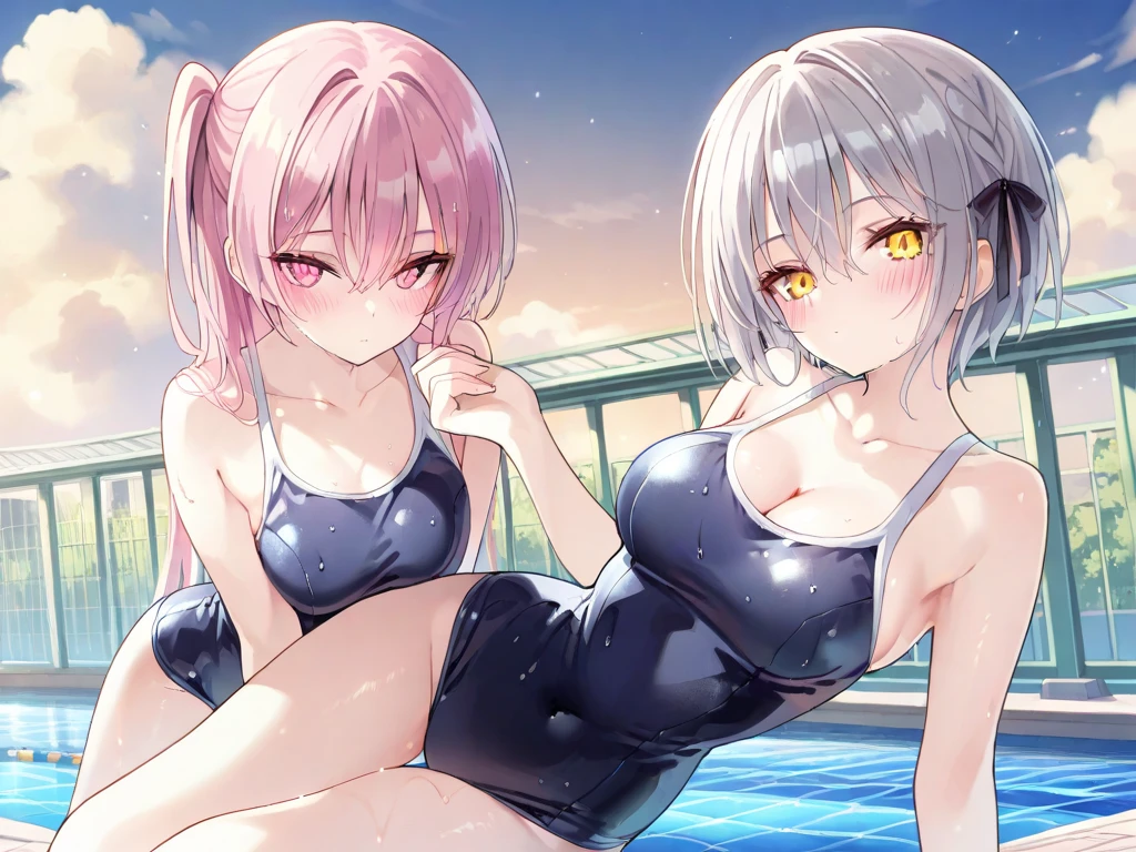 (white competition swimsuit:1.4),pink line,sweat,(see through swisuit:1.2), Two girls, poolside,smile,swiming,
