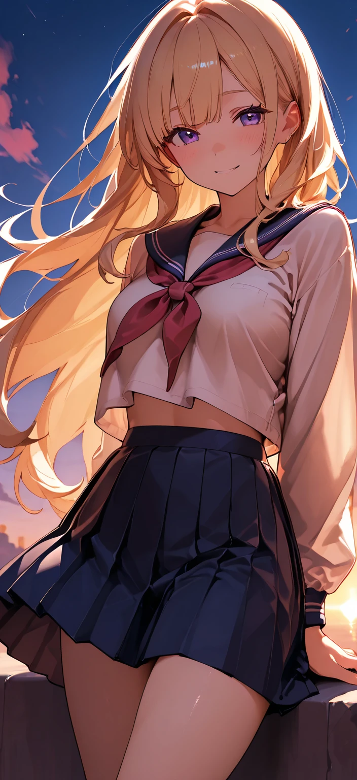 (UHD, retina, masterpiece, accurate, anatomically_correct, textured_skin, super_detail, high_details, high_quality, best_quality, high_res, 1080P, HD, 4K, 8k, 16k), (beautiful_detailed_eyes, beautiful_detailed_lips, extremely_detailed_eyes_and_face), soft_lighting, physically-based_rendering, vivid_colors, (large_breasts:1.5), (shiny_hair, shiny_skin, tanned_skin, blush), (bangs:1.5), eye_reflection, (bokeh), smile_and_laugh, From Behind, facing_away, (cropped_seifuku_shirt:1.5), (very_short_skirt:1.5, pleated_skirt), blonde_hair, white_knee_socks, wide_hips, thick_thighs, huge_butt, butt_focus
