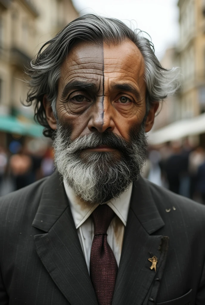 a man with two heads, the first head is that of a beggar, the second head is that of a rich man, he wears a suit where half is worn out and old, and the other half is impeccable, linda e de marca. focus on both faces and the suit, blurry background from any urban area